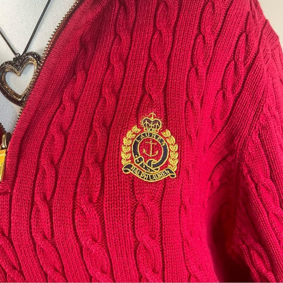 Lauren Ralph Lauren Large Red Embroidered Cable Knit Quarter Zip Sweater - Picture 2 of 7